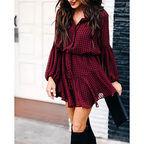 

Women's A Line Dress Short Mini Dress Red Yellow Long Sleeve Print Patchwork Print Fall Shirt Collar Casual Lantern Sleeve 2021 S M L XL
