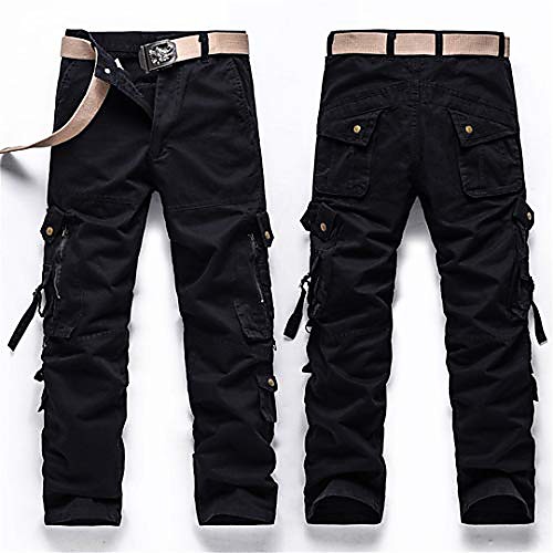 

military army style pants men side zipper pockets cargo trouser train multi-pocket jogger tactical black 30