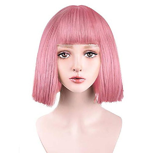 

12 short straight wig with bangs synthetic hair for white black women cosplay color: light pink