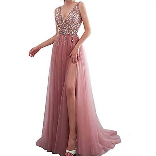 

Women's Swing Dress Maxi long Dress Blushing Pink Sleeveless Solid Color Sequins Zipper Lace Summer V Neck Elegant Formal 2021 S M L XL