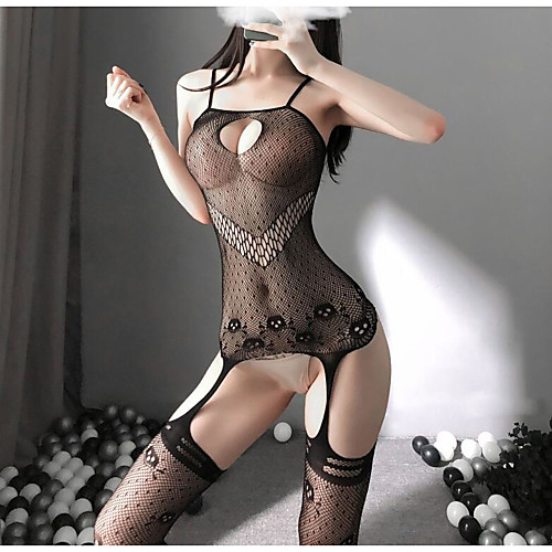 

Women's Mesh Lace Gartered Lingerie Bodysuits Nightwear Jacquard Solid Colored Black One-Size