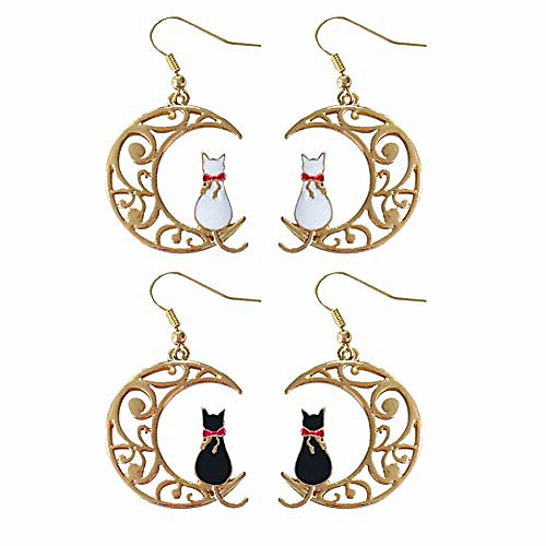 

super cute cartoon cat on moon earrings:18k gold plated base dangle earrings for women girls (black cat)