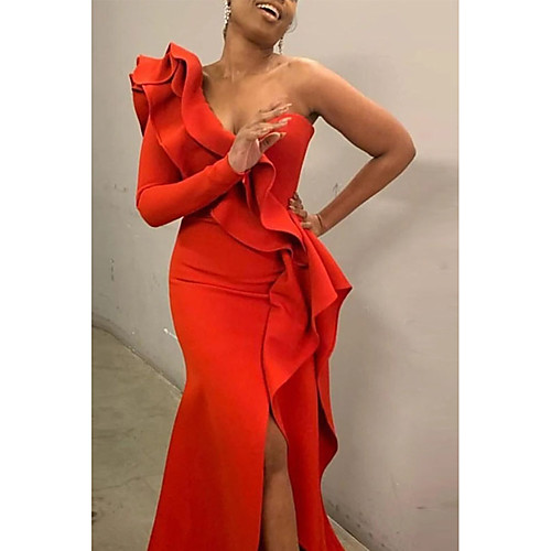 

Women's Sheath Dress Maxi long Dress Red Long Sleeve Solid Color Print Fall Winter V Neck Sexy Cotton 2021 S M L XL XXL