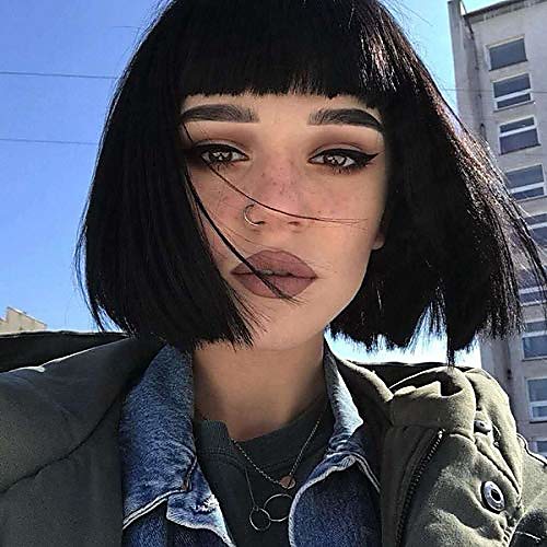 

short black bob wigs with flat bangs straight synthetic full wigs natural cosplay costume halloween hair wig