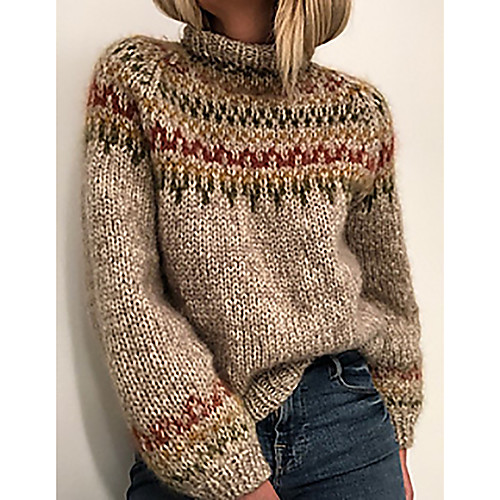 

Women's Vintage Style Knitted Striped Pullover Long Sleeve Sweater Cardigans Crew Neck Fall Winter Khaki