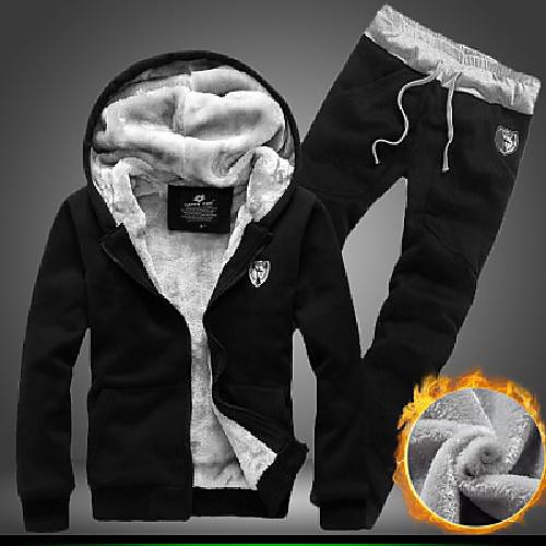 

men's fleece lined hooded jacket thicken strings sweatsuit set black x-large