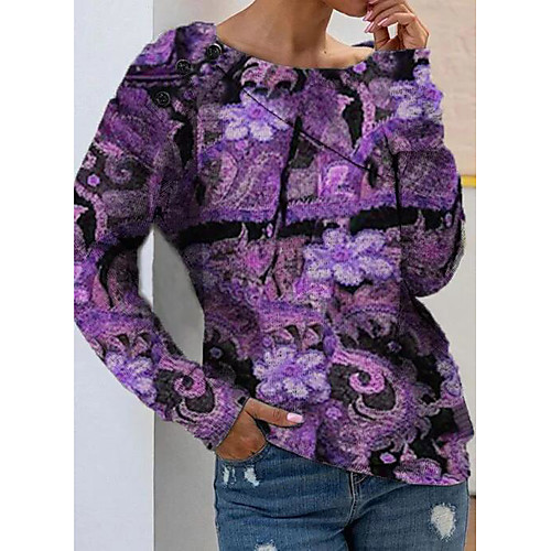 

Women's T-shirt Graphic Prints Long Sleeve Round Neck Tops Loose Basic Basic Top Blue Purple Khaki
