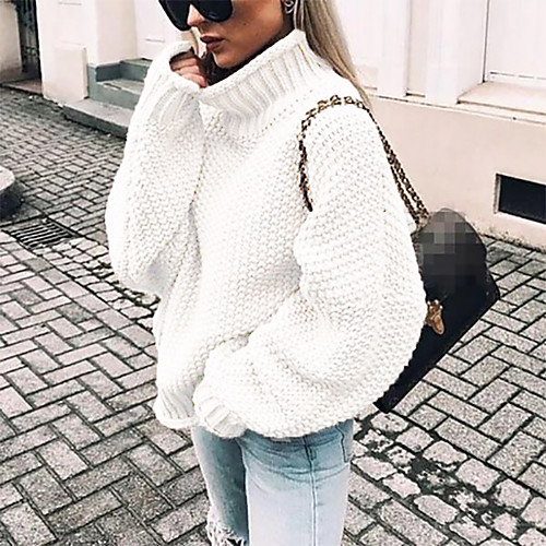 

Women's Stylish Knitted Solid Color Pullover Cotton Long Sleeve Sweater Cardigans Turtleneck Fall Winter White Black Purple