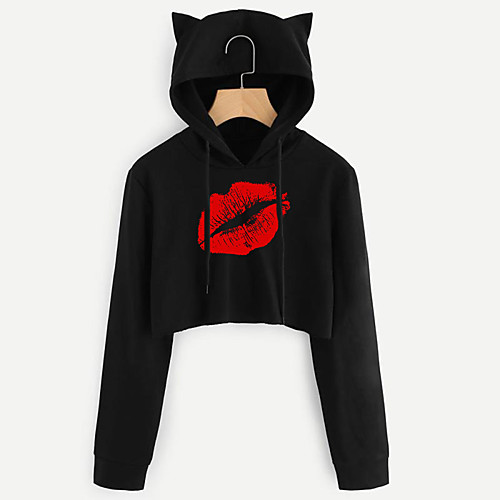 

Women's Pullover Hoodie Sweatshirt Cropped Sweatshirt Graphic Lip Print Crop Top Cat Ear Daily Basic Casual Hoodies Sweatshirts Black Red Army Green
