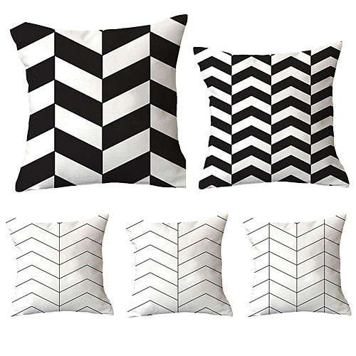 

Cushion Cover 5PCS Linen Soft Decoration Square Throw Pillowcase Cushion Cover Sofa Box Pillowcase 45 x 45 Cm 18 x 18 Inches High Quality Washable Black And White Geometric Pattern Short Fluff