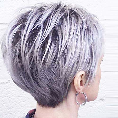 

ombre grey pixie wigs for white women short cut layer wigs with bangs free part pixie grey wigs hair end with little pink
