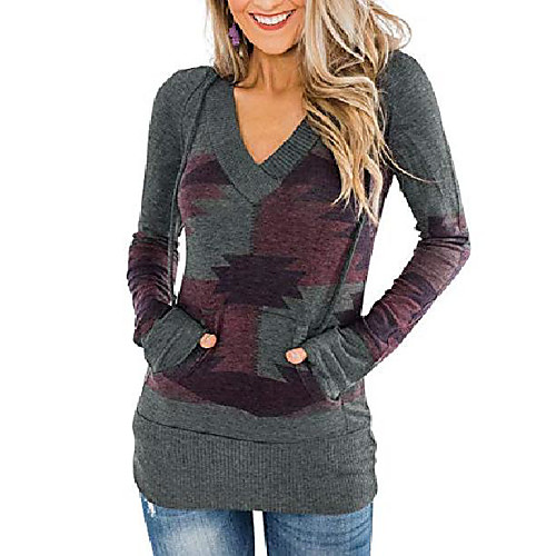 

woman comfy geometric print hooded sweaters v neck long sleeve hoodies pullover knitted jumpers red x-large