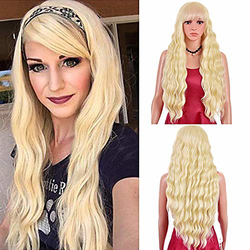

long wavy blonde wig with bangs 30 inch synthetic loose curly wave wigs for women 613 blonde cosplay party fluffy wavy braid wig long blonde heat resistant fiber wig