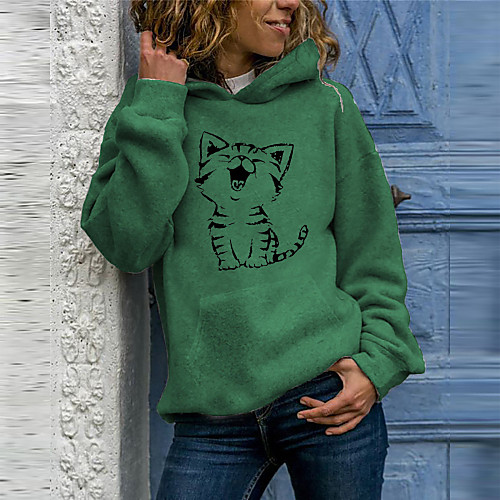 

Women's Pullover Hoodie Sweatshirt Cat Daily Casual Hoodies Sweatshirts White Blushing Pink Green