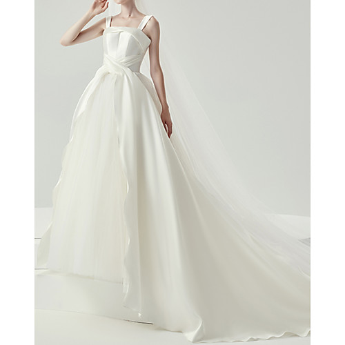 

Ball Gown Wedding Dresses V Neck Chapel Train Satin Sleeveless Formal Simple with 2021