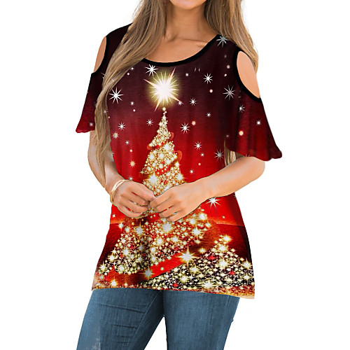 

Women's Christmas Blouse Shirt Graphic Christmas Tree Cold Shoulder Round Neck Tops Basic Christmas Basic Top Blue Purple Red