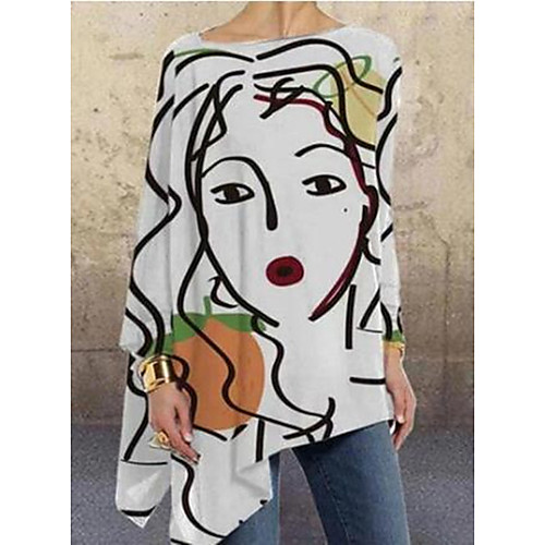 

Women's Blouse Shirt Color Block Long Sleeve Patchwork Asymmetric Print Round Neck Tops Basic Basic Top White Black Gray