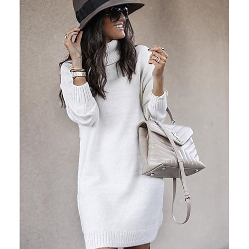 

Women's Sweater Jumper Dress Knee Length Dress White Yellow Blushing Pink Khaki Navy Blue Gray Long Sleeve Solid Color Fall Turtleneck Elegant Casual 2021 S M L XL XXL 3XL