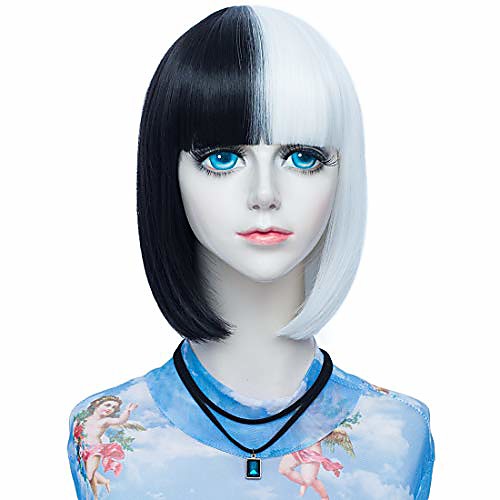 

probeauty betty collection lolita 14 short straight bob style wig split colored women lolita anime cosplay wig(black mix white)