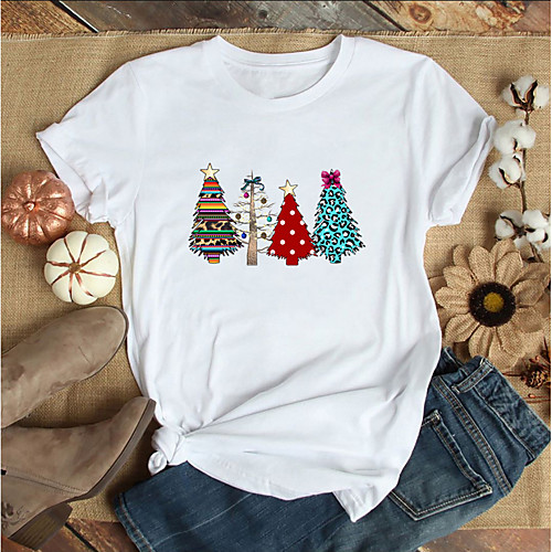 

Women's Christmas T shirt Graphic Prints Print Round Neck Tops 100% Cotton Basic Christmas Basic Top White Black Purple