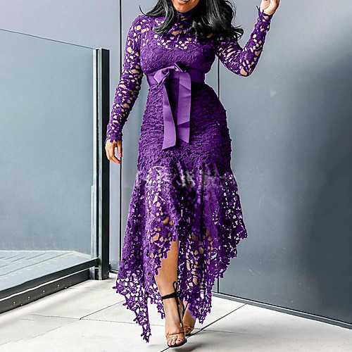 

Women's Sheath Dress Midi Dress Black Blue Purple Wine Green Long Sleeve Solid Color Lace up Mesh Lace Spring Summer Round Neck Work Elegant 2021 S M L XL XXL 3XL 4XL 5XL / Plus Size