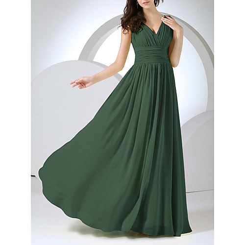

A-Line Minimalist Elegant Prom Formal Evening Dress V Neck Sleeveless Floor Length Chiffon with Pleats Ruched 2021