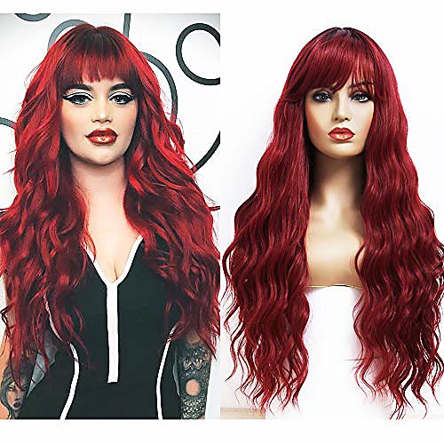 

ombre wine red wigs natural wave wig with bangs burgundy synthetic wig dark roots brown wig synthetic long wavy loose curly wig heat resistant fiber 24 inches cosplay party wigs for women