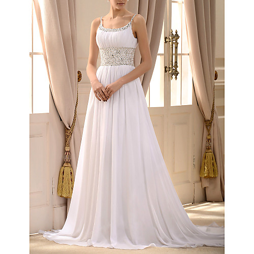 

A-Line Wedding Dresses Scoop Neck Court Train Chiffon Sequined Sleeveless Romantic Beach with Pleats 2021