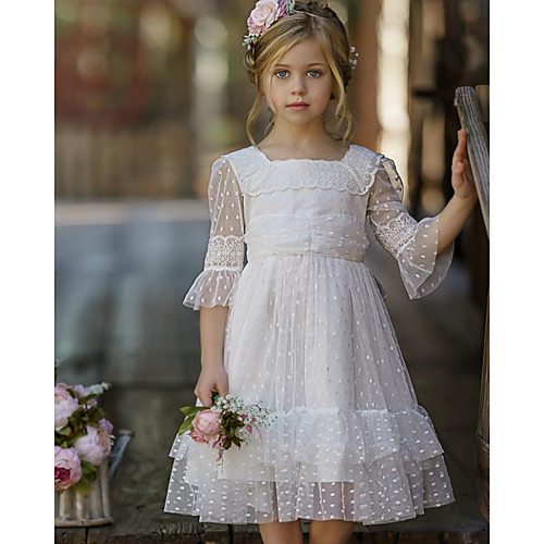 

A-Line Knee Length Party / Wedding Flower Girl Dresses - Tulle Half Sleeve Jewel Neck with Tier / Solid