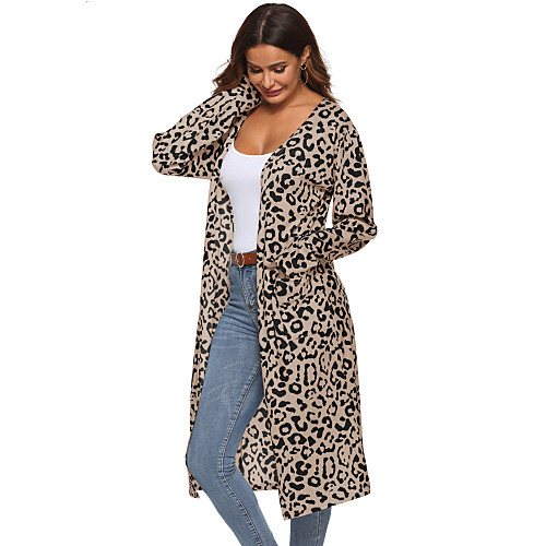 

Women's Leopard Fall & Winter Trench Coat Long Going out Long Sleeve Cotton Blend Coat Tops Red