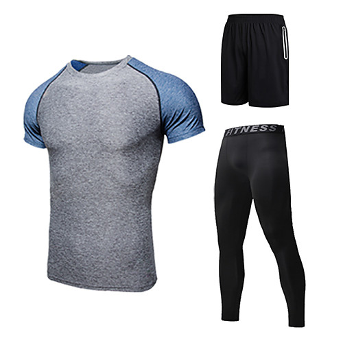 

Men's Patchwork Tracksuit Activewear Set Athletic 3pcs Short Sleeve Moisture Wicking Quick Dry Breathable Fitness Gym Workout Running Walking Jogging Sportswear Normal Black Blue Grey Activewear