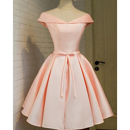 

A-Line Minimalist Elegant Engagement Cocktail Party Dress Off Shoulder Sleeveless Short / Mini Satin with Sash / Ribbon 2021