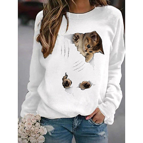 

Women's Pullover Sweatshirt Cat Graphic 3D Daily Basic Casual Hoodies Sweatshirts White Black Blushing Pink