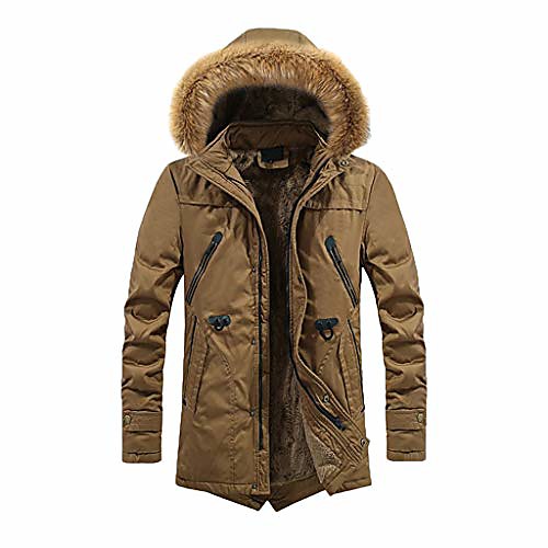 

men's hooded down coat with fur hood long sleeve lightweight warm soft winter outwear jacket brown