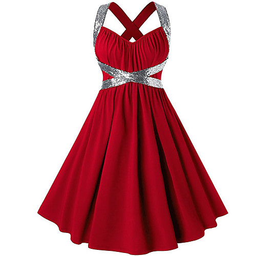 

Women's Swing Dress Short Mini Dress Black Red Green Sleeveless Solid Color Sequins Patchwork Spring Strapless Hot Sexy 2021 L XL XXL 3XL 4XL 5XL / Plus Size