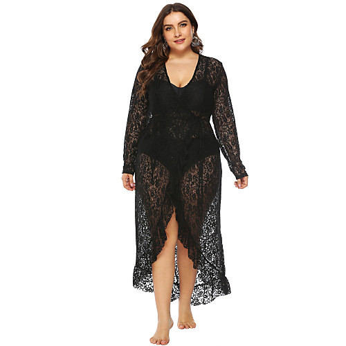 

Women's Trumpet / Mermaid Dress Maxi long Dress Black Long Sleeve Print Solid Color Lace Patchwork Plus High Low Spring V Neck Hot Sexy 2021 L XL XXL / Plus Size