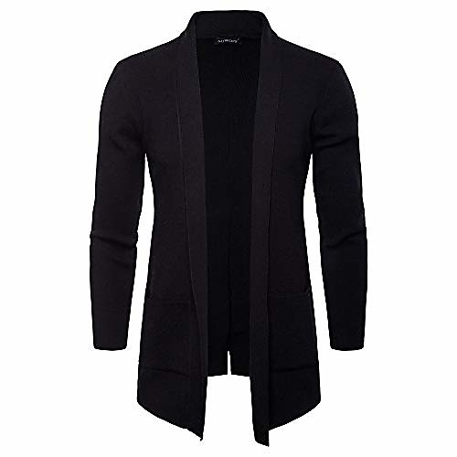 

men's winter pure color knitted pocket jacket fashion long coat(black,xxl)