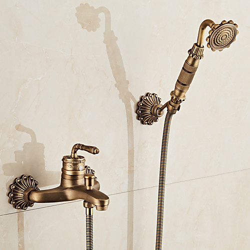 

Bathtub Faucet, Antique Brass Bath Shower Mixer Taps Widespread, Brass Carved Bathtub Faucet Retro Wall Installation Bathtub Faucet with Handshower/Drain