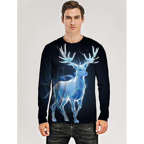 

Men's T shirt 3D Print Graphic 3D Animal Print Long Sleeve Christmas Tops Navy Blue