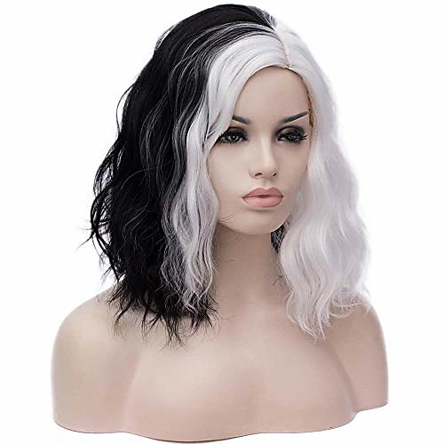

black and white wigs for women cruella deville costumes short curly wavy bob hair wig cute synthetic wigs for party cosplay halloween with holder and 1920s gloves ak009bw