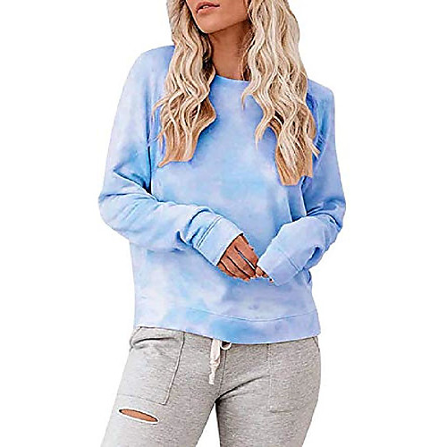 

women casual pullover tops tie dye color block long sleeve lightweight sweatshirt blouses blue
