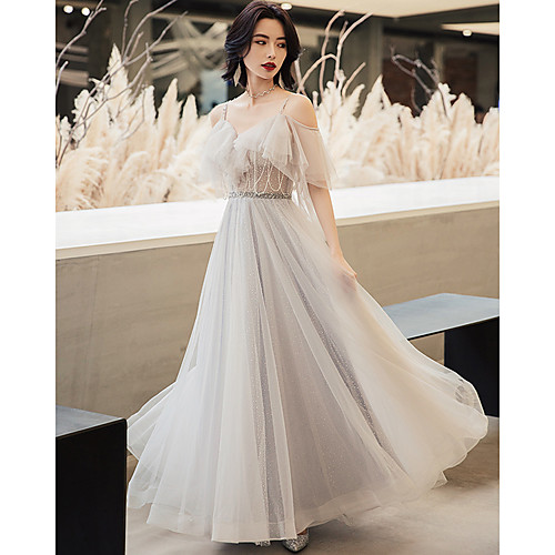 

A-Line Minimalist Elegant Prom Formal Evening Dress Spaghetti Strap Half Sleeve Floor Length Tulle with Beading 2021