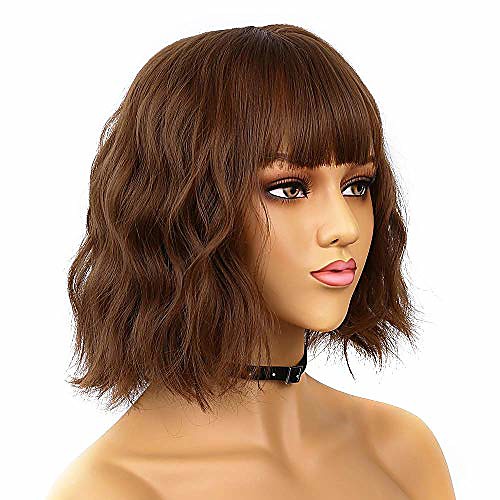 

fraysmi short bob wavy wig with air bangs full heat resistant synthetic wig for women hair replacement wig for party cosplay body wavy (12 brown)