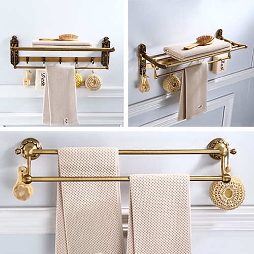 

Foldable Bathroom Towel Shelf, 2 Layers Multifunction Antique Hardware Accessory Set with Carved Paterns, Aluminum, 3 Styles, 60cm, 60.5cm, 61.7cm - Wall Mounted
