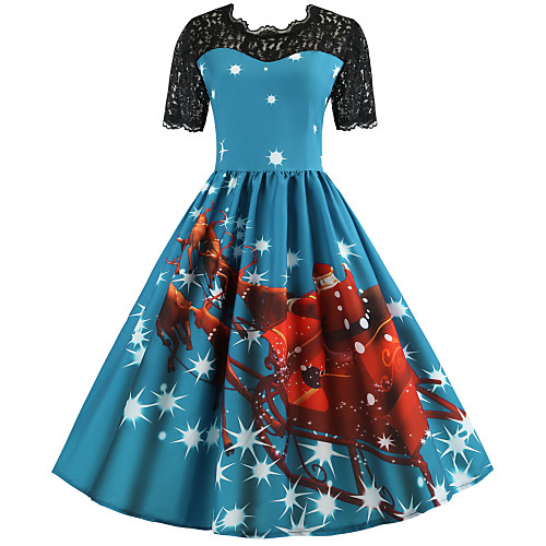 

Women's Sheath Dress Knee Length Dress Blue Short Sleeve Print Lace Patchwork Print Fall Spring Round Neck Elegant Vintage Christmas Cotton 2021 S M L XL XXL 3XL