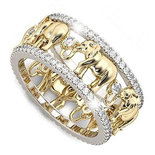 

lucky gold elephant 925 sterling silver ring 1.5ct white topaz cubic zirconia ring elephant family immigration ring wedding lady men's ring size 6-10 (us code 6)