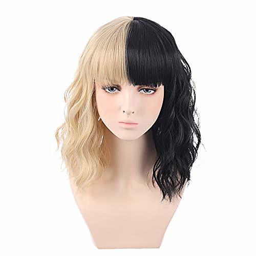 

short curly wavy wig for women half blonde half black 2-tone dyed halloween cosplay party costume synthetic wig (half blonde half black)