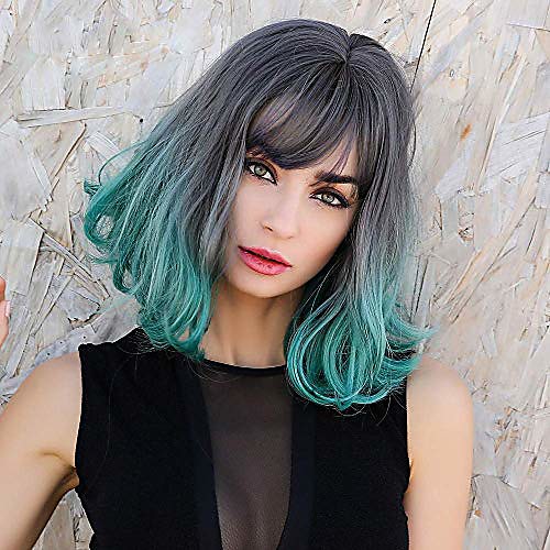 

short bob wig with bangs ash gray green wavy ombre wig cosplay wigs natural looking heat resistant fiber hair for women …