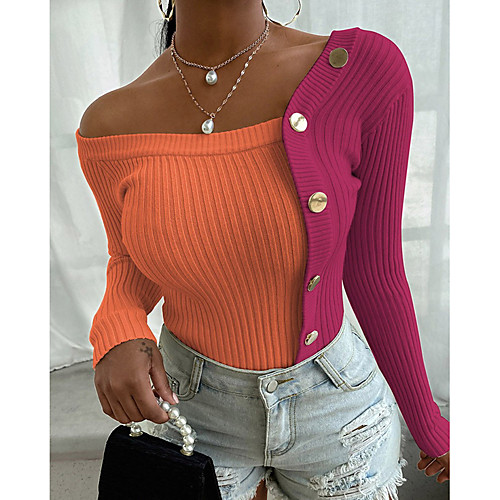 

Women's Stylish Color Block Pullover Long Sleeve Sweater Cardigans Off Shoulder Summer Black Orange Khaki