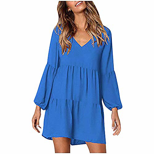 

women long sleeve tunic dress casual v neck loose flowy swing ruffle shift dress knee length tops short mini dress blue